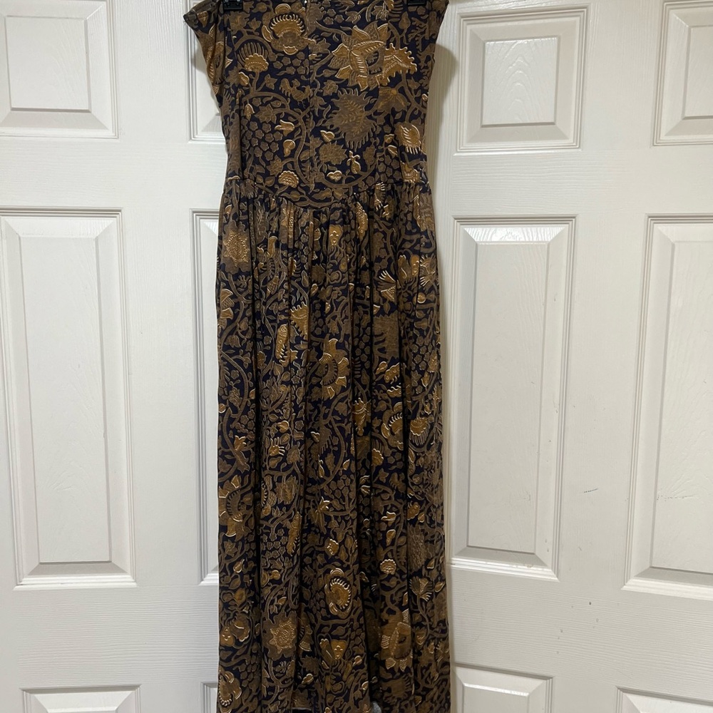VNTG Claudine Bueché brown strapless floral cotton couchette pockets dress sz 10 - Picture 7 of 15